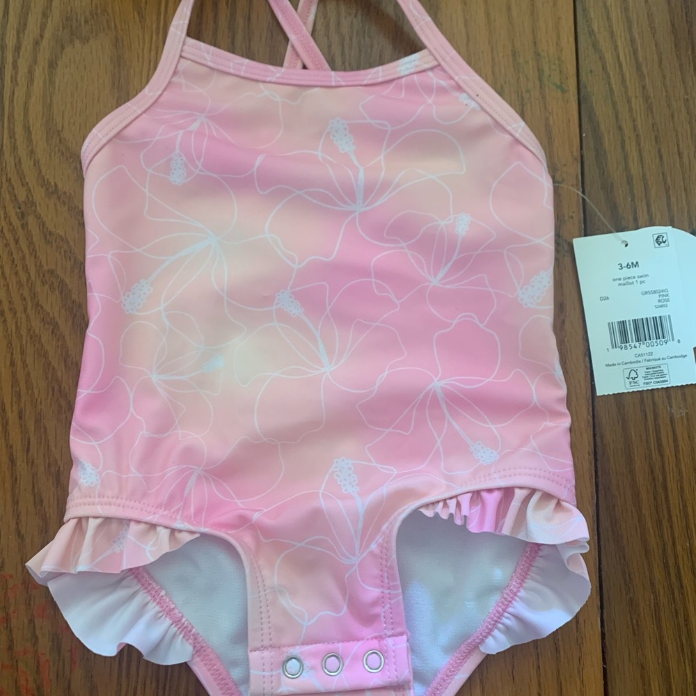 George Pink and White One Piece Swim with Ruffle Details